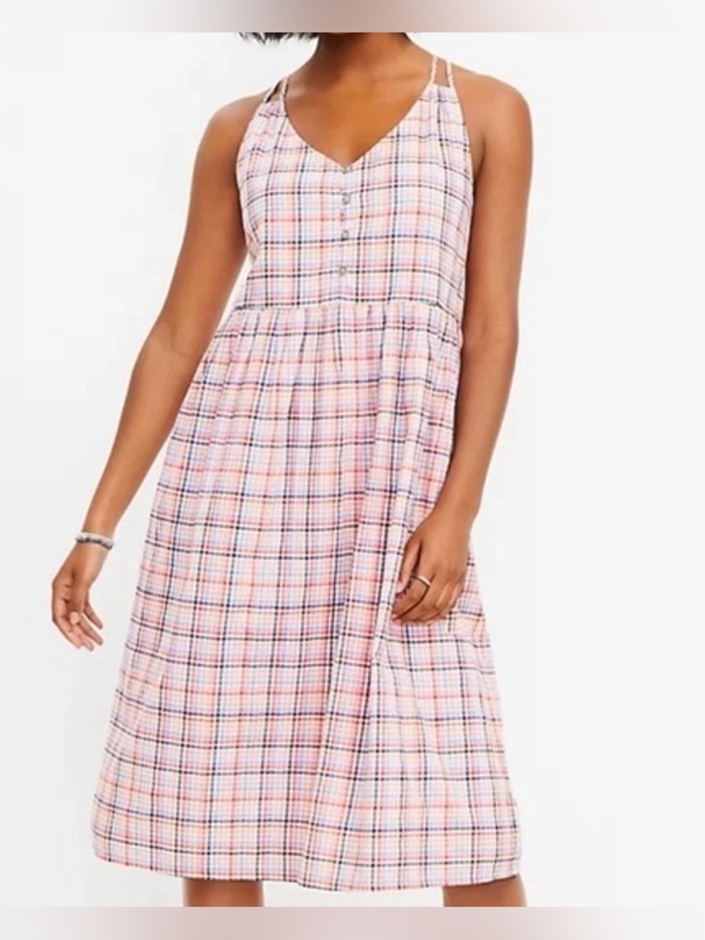 LOFT Plaid Midi Dress Size M 100% Cotton Fully Lined